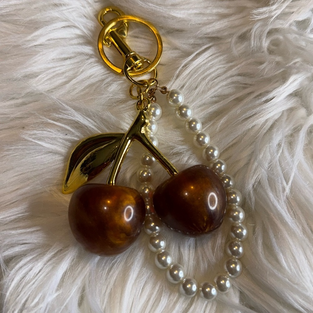 Gold and Brown Cherry Keychain with Pearls